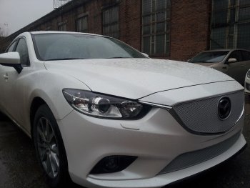 5 399 р. Защитная сетка в бампер (верх, ячейка 4х10 мм) Alfeco Премиум Mazda 6 GJ дорестайлинг седан (2012-2015) (Хром)  с доставкой в г. Керчь. Увеличить фотографию 2