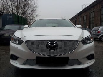 Защитная сетка в бампер (верх, ячейка 4х10 мм) Alfeco Премиум Mazda 6 GJ дорестайлинг седан (2012-2015) (Хром)