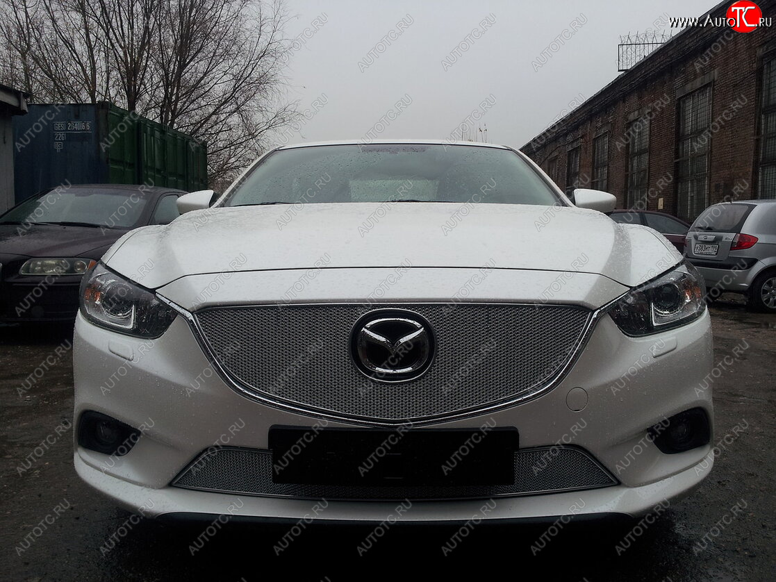 5 399 р. Защитная сетка в бампер (верх, ячейка 4х10 мм) Alfeco Премиум Mazda 6 GJ дорестайлинг седан (2012-2015) (Хром)  с доставкой в г. Керчь