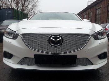 5 399 р. Защитная сетка в бампер (верх, ячейка 4х10 мм) Alfeco Премиум Mazda 6 GJ дорестайлинг седан (2012-2015) (Хром)  с доставкой в г. Керчь. Увеличить фотографию 4