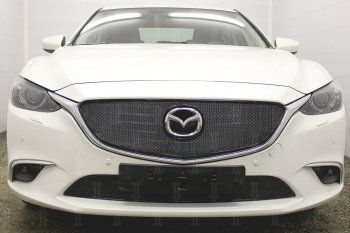 Защитная сетка в бампер (верх, компл. Activ, ячейка 4х10 мм) Alfeco Премиум Mazda 6 GJ 1-ый рестайлинг седан (2015-2018) (Чёрная)