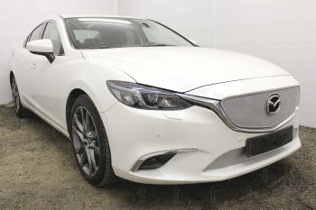 5 699 р. Защитная сетка в бампер (верх, компл. Activ, ячейка 4х10 мм) Alfeco Премиум Mazda 6 GJ 1-ый рестайлинг седан (2015-2018) (Хром)  с доставкой в г. Керчь. Увеличить фотографию 2