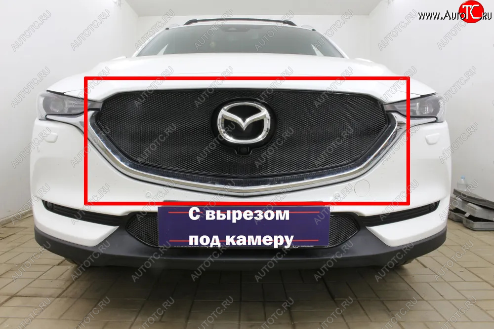 6 599 р. Защитная сетка в бампер (верх, 3D, с камерой, ячейка 4х10 мм) Alfeco Премиум Mazda CX-5 KF (2016-2025) (Чёрная)  с доставкой в г. Керчь