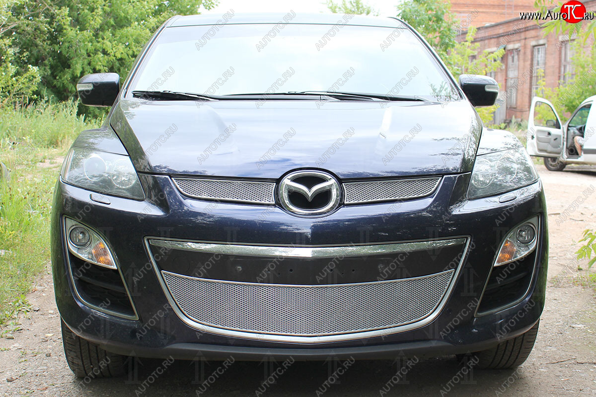 4 299 р. Защитная сетка в бампер (низ, ячейка 4х10 мм) Alfeco Премиум Mazda CX-7 ER рестайлинг (2010-2012) (Хром)  с доставкой в г. Керчь