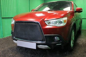 7 249 р. Защитная сетка в бампер (3D, ячейка 4х10 мм) Alfeco Премиум  Mitsubishi ASX (2010-2012) дорестайлинг (Чёрная)  с доставкой в г. Керчь. Увеличить фотографию 2