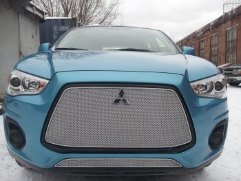 Защитная сетка в бампер (низ, ячейка 4х10 мм) Alfeco Премиум Mitsubishi ASX 1-ый рестайлинг (2013-2016) (Хром)