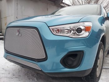 3 599 р. Защитная сетка в бампер (низ, ячейка 4х10 мм) Alfeco Премиум Mitsubishi ASX 1-ый рестайлинг (2013-2016) (Хром)  с доставкой в г. Керчь. Увеличить фотографию 2