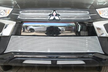 Защитная сетка в бампер (верх, 4 части, ячейка 4х10 мм) Alfeco Премиум Mitsubishi ASX 2-ой рестайлинг (2017-2020) (Хром)