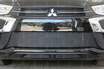 Защитная сетка в бампер (середина, ячейка 4х10 мм) Alfeco Премиум Mitsubishi ASX 2-ой рестайлинг (2017-2020) (Чёрная)