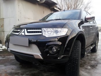 4 299 р. Защитная сетка в бампер (низ, ячейка 4х10 мм) Alfeco Премиум Mitsubishi L200 4  рестайлинг (2013-2016) (Хром)  с доставкой в г. Керчь. Увеличить фотографию 2
