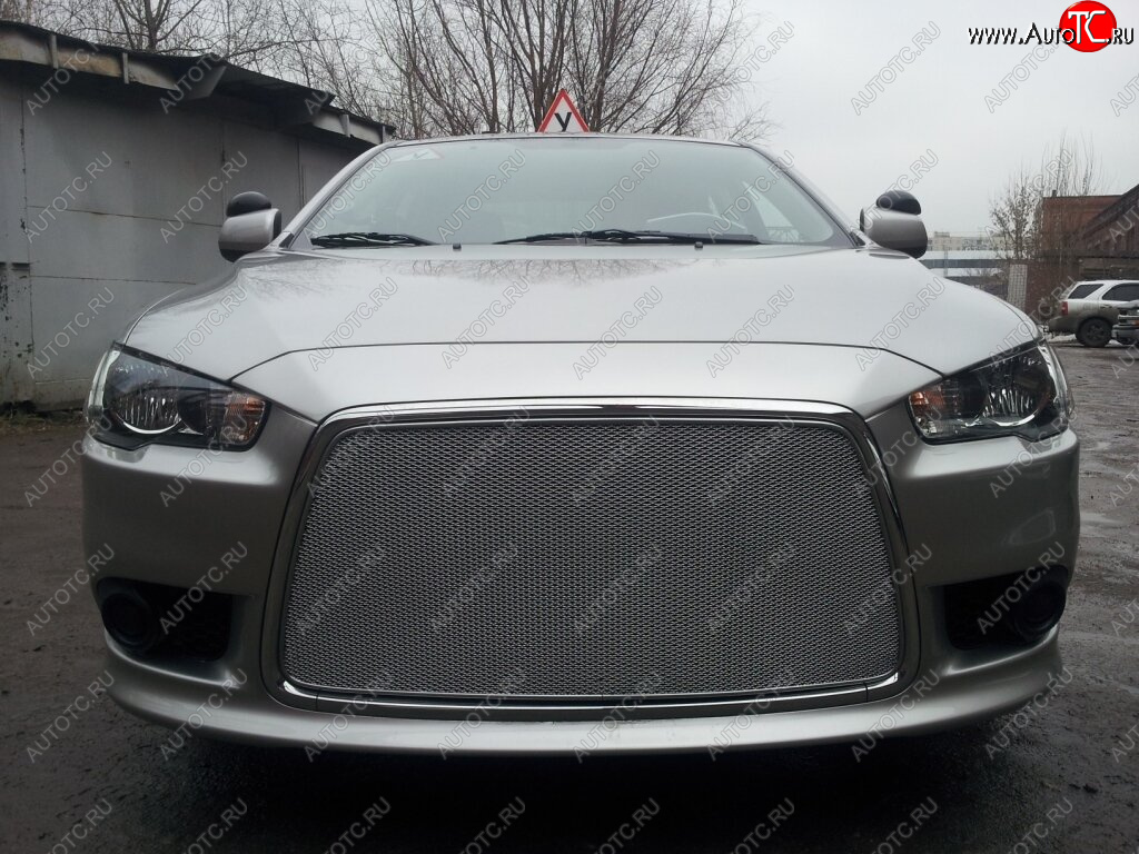 6 199 р. Защитная сетка в бампер (ячейка 3х7 мм) Alfeco Стандарт Mitsubishi Lancer 10 CY седан рестайлинг (2011-2017) (Хром)  с доставкой в г. Керчь