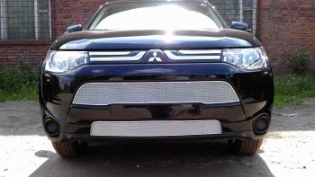 Защитная сетка в бампер (верх, ячейка 3х7 мм) Alfeco Стандарт Mitsubishi Outlander GF дорестайлинг (2012-2014) (Хром)