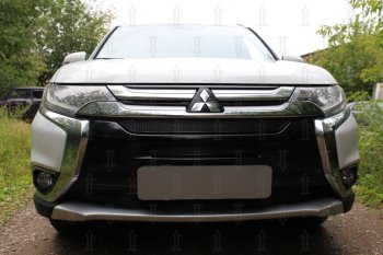 Защитная сетка в бампер (3 части, ячейка 4х10 мм) Alfeco Премиум Mitsubishi Outlander GF 2-ой рестайлинг (2015-2018) (Чёрная)