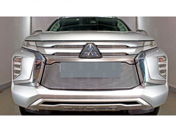 Защитная сетка в бампер (низ, ячейка 4х10 мм) Стрелка11 Премиум Mitsubishi Pajero Sport QF рестайлинг (2019-2022) (Хром)