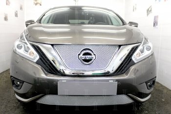 Защитная сетка в бампер (верх, ячейка 4х10 мм) Стрелка11 Премиум Nissan Murano 3 Z52 дорестайлинг (2015-2022) (Хром)