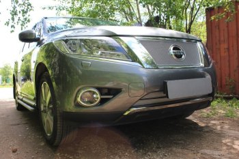 5 549 р. Защитная сетка в бампер (низ, 2 части, ячейка 4х10 мм) Стрелка11 Премиум Nissan Pathfinder R52 дорестайлинг (2012-2017) (Хром)  с доставкой в г. Керчь. Увеличить фотографию 2