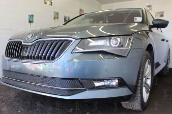 6 749 р. Защитная сетка в бампер (низ, 2 части, ячейка 4х10 мм) Стрелка11 Премиум Skoda Superb B8 (3V5) универсал дорестайлинг (2015-2019) (Чёрная)  с доставкой в г. Керчь. Увеличить фотографию 2