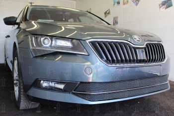 6 749 р. Защитная сетка в бампер (низ, 2 части, ячейка 4х10 мм) Стрелка11 Премиум Skoda Superb B8 (3V5) универсал дорестайлинг (2015-2019) (Чёрная)  с доставкой в г. Керчь. Увеличить фотографию 3