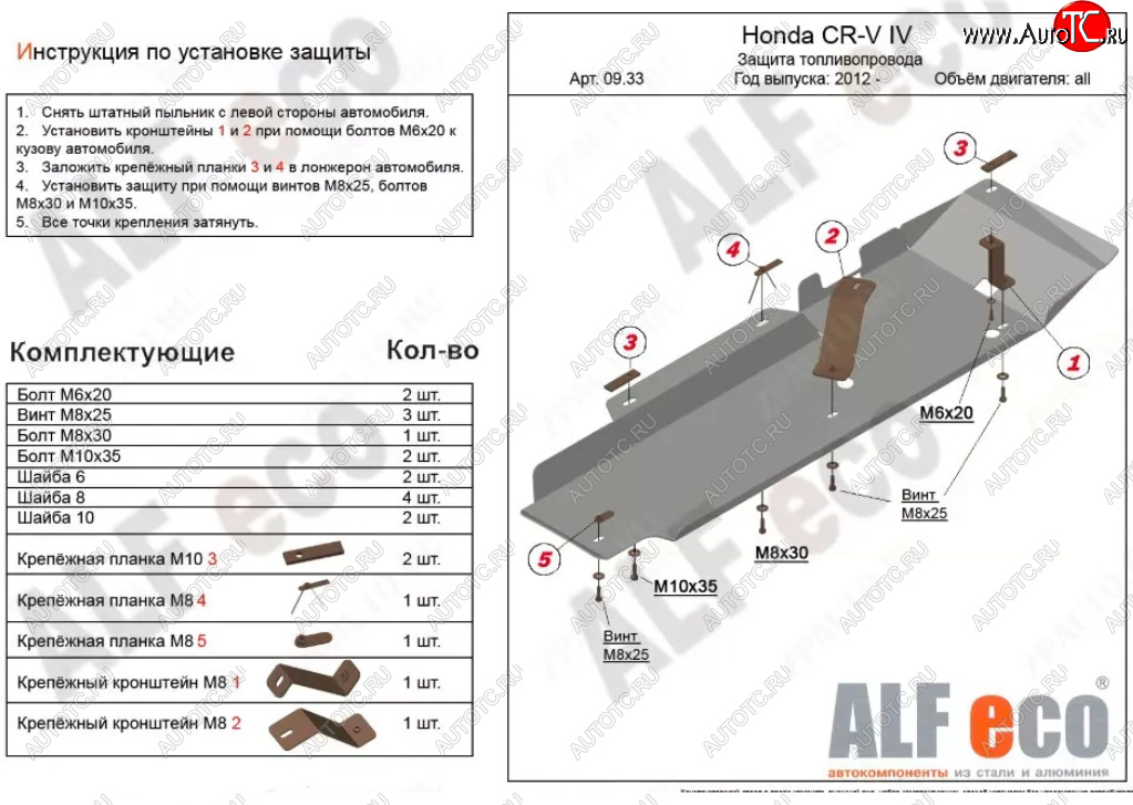 10 299 р. Защита топливопровода Alfeco  Honda CR-V  RM1,RM3,RM4 (2012-2018) дорестайлинг, рестайлинг (Алюминий 3 мм)  с доставкой в г. Керчь
