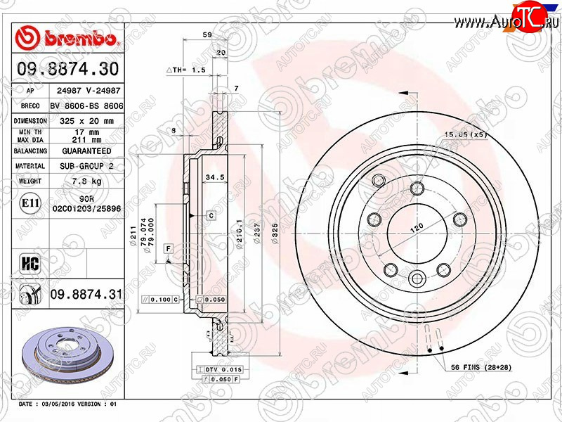 5 849 р. Задний тормозной диск (вентилируемый, d 325) BREMBO дизель Land Rover Range Rover Sport 1 L320 дорестайлинг (2005-2009)  с доставкой в г. Керчь