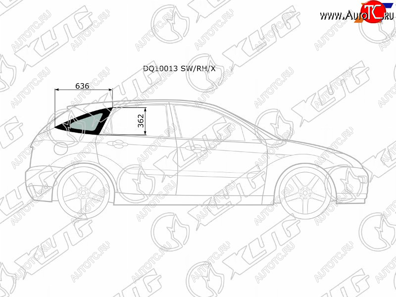 2 349 р. Стекло кузова боковое (не опускное) (Справа Цвет зеленый) Ford Focus 98-04 XYG DQ10013 SW/RH/X  с доставкой в г. Керчь