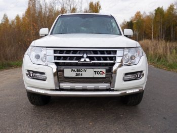 Защита переднего бампера нижняя с ходовыми огнями 76,1 мм ТСС Тюнинг Mitsubishi Pajero 4 V90 2-ой рестайлинг (2014-2020) (нержавейка)