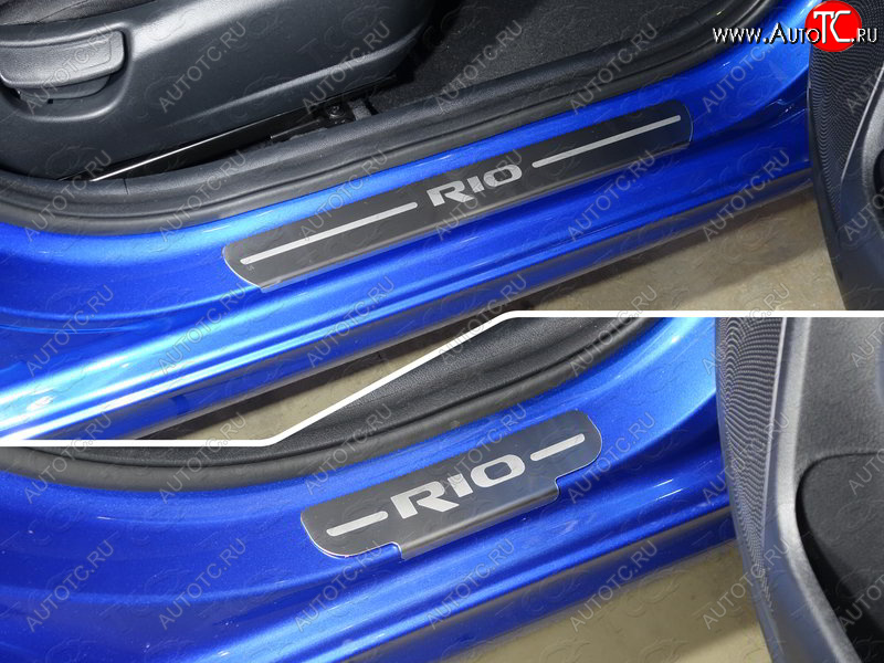 2 999 р. Накладки на пороги, ТСС Тюнинг  KIA Rio  4 YB (2017-2020) дорестайлинг, хэтчбэк (лист шлифованный надпись RIO)  с доставкой в г. Керчь