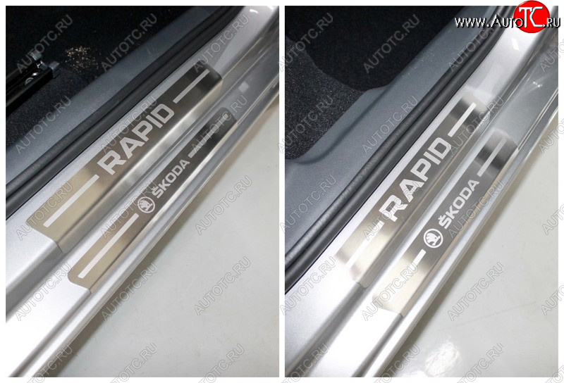 7 349 р. Накладки на пороги внутренние и внешние ТСС Тюнинг  Skoda Rapid  MK2 (2019-2025) (лист шлифованный надпись Skoda Rapid)  с доставкой в г. Керчь