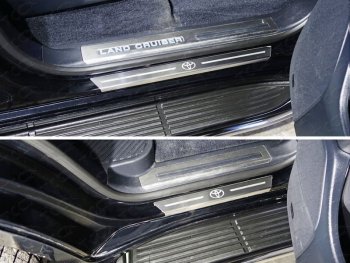 Накладки на пороги с гибом, ТСС Тюнинг Toyota Land Cruiser  200 (2015-2021) 2-ой рестайлинг (лист шлифованный логотип Toyota)