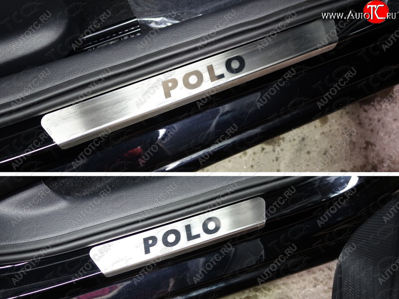 3 999 р.  Накладки на пороги, ТСС Тюнинг  Volkswagen Polo  5 (2015-2020) седан рестайлинг, хэтчбек рестайлинг (лист шлифованный надпись Polo)  с доставкой в г. Керчь