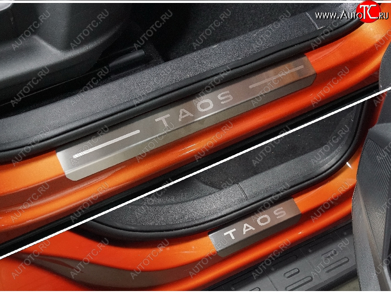 4 299 р. Накладки на пороги, ТСС Тюнинг  Volkswagen Taos (2020-2022) (лист шлифованный надпись Taos)  с доставкой в г. Керчь