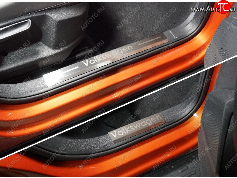 3 899 р. Накладки на пластиковые пороги, ТСС Тюнинг  Volkswagen Taos (2020-2022) (лист шлифованный надпись Volkswagen)  с доставкой в г. Керчь
