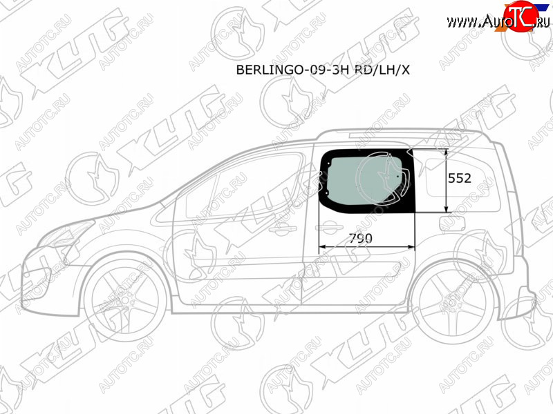 2 789 р. Стекло боковое опускное (Сзади Слева Цвет зеленый) Citroen Berlingo 08-22  Peugeot Partner 08-15 XYG BERLINGO-09-3H RD/LH/X  с доставкой в г. Керчь