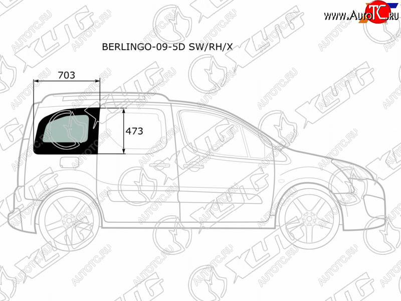2 349 р. Стекло кузова боковое (не опускное) (Справа Цвет зеленый) Citroen Berlingo 08-22  Peugeot Partner XYG BERLINGO-09-5D SW/RH/X  с доставкой в г. Керчь