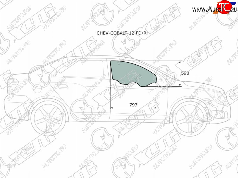 2 799 р. Стекло боковое опускное (Спереди Справа Цвет зеленый) Chevrolet Cobalt 13-  Ravon R4 16-20 XYG CHEV-COBALT-12 FD/RH  с доставкой в г. Керчь