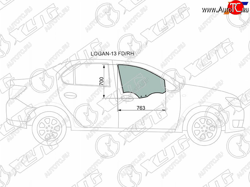 2 599 р. Стекло боковое опускное (Спереди Справа Цвет зеленый) Renault Logan 14-22  Sandero 14-22  Dacia XYG LOGAN-13 FD/RH  с доставкой в г. Керчь