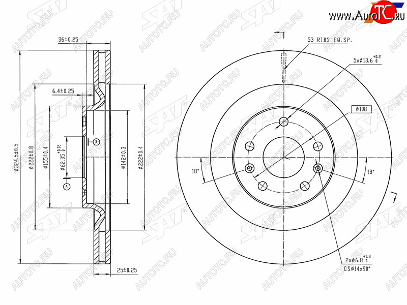 2 799 р. Диск тормозной задний Ø324mm SAT  Chery Tiggo 5  (T21) - Tiggo 8 PRO  с доставкой в г. Керчь