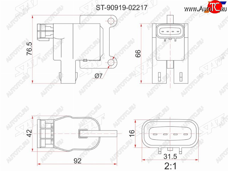 1 399 р. Катушка зажигания TOYOTA 3S5S-FE (№1) 96- ST19#ST21#ST20#SV4#SV55SXV2#SXM1#SXN1#SXU1#SXA1# SAT ST-90919-02217  с доставкой в г. Керчь