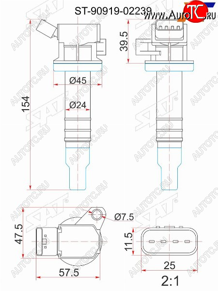 1 099 р. Катушка зажигания TOYOTA 1ZZ-FE 00- ZZE12#ZZT24#ZZV50ZCT10ZCA2#1KR-FE 04- KSP9#KGC1#3SG-G# SX SAT ST-90919-02239  с доставкой в г. Керчь