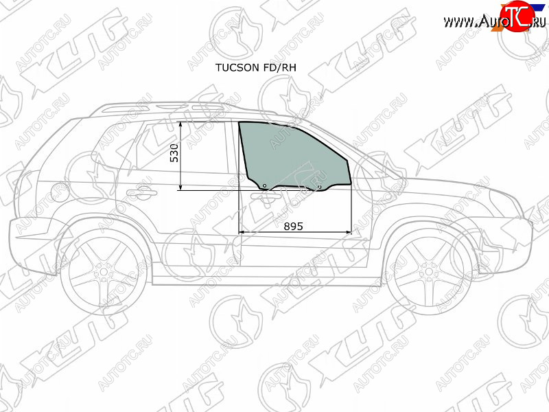 2 789 р. Стекло боковое опускное (Спереди Справа Цвет зеленый) Hyundai Tucson 04-09 XYG TUCSON FD/RH  с доставкой в г. Керчь