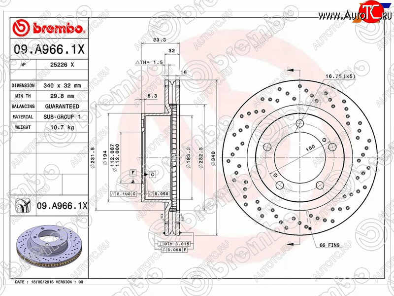 11 749 р. Тормозной передний диск (Ø340) BREMBO   Lexus LX570  J200 (2007-2015), Toyota Land Cruiser  200 (2007-2015)  с доставкой в г. Керчь