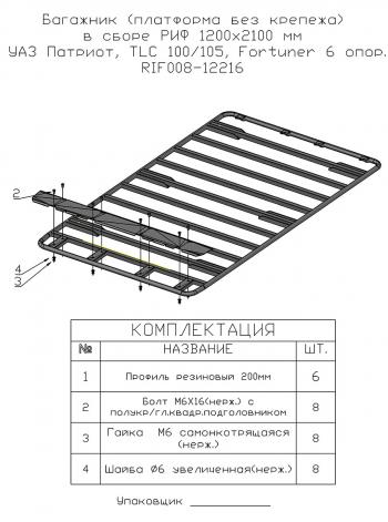 20 899 р. Багажник (платформа без крепежа) в сборе РИФ 1200x2100 мм УАЗ Патриот, TLC 80100105, Fortuner 6 опор. РИФ-обвес rif008-12216  с доставкой в г. Керчь. Увеличить фотографию 2