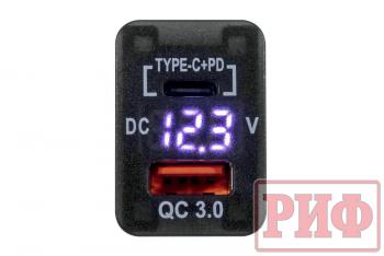 1 779 р. Розетка USB Type C, QC 3.0 с вольтметром для Toyota 32x20 РИФ rif22-4-1013400  с доставкой в г. Керчь. Увеличить фотографию 3