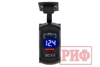 1 699 р. Розетка USB Type PD, QC 3.0 с вольтметром, синяя подсветка РИФ rif22-4-41480  с доставкой в г. Керчь. Увеличить фотографию 4