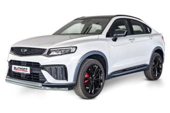 Защита переднего бампера d57+d57 двойная Slitkoff Geely Tugella  FY11,HPBA4 (2022-2025) рестайлинг (нержавейка полированная)