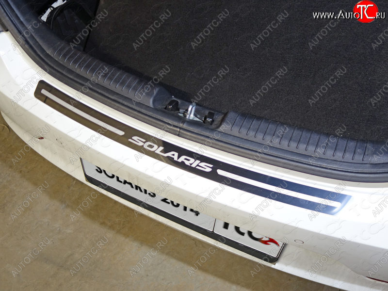 1 000 000 р. Накладка на задний бампер ТСС Тюнинг  Hyundai Solaris  RBr (2014-2017) хэтчбэк рестайлинг (лист зеркальный с надписью Solaris)  с доставкой в г. Керчь