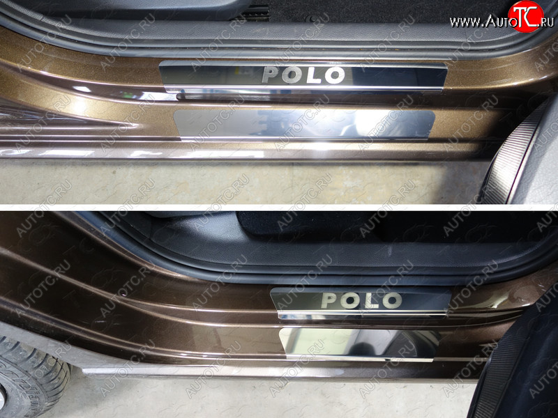 1 000 000 р. Накладки на пороги внешние и внутренние (8 шт) ТСС Тюнинг  Volkswagen Polo  5 (2015-2020) седан рестайлинг, хэтчбек рестайлинг (лист зеркальный надпись Polo)  с доставкой в г. Керчь