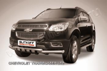 Защита переднего бампера d76+d57 двойная с профильной ЗК Slitkoff Chevrolet Trailblazer  GM800 (2012-2016) дорестайлинг (нержавейка с полимерным покрытием в цвет черный)