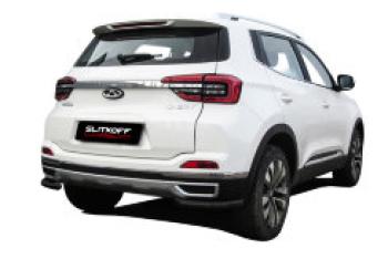 Защита заднего бампера уголки d57 Slitkoff Chery Tiggo 4 1-ый рестайлинг (2018-2023) (нержавейка с полимерным покрытием в цвет черный)