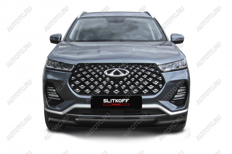 13 899 р. Защита переднего бампера d57 + d42 Slitkoff Chery Tiggo 7 PRO (2019-2025) (нержавейка с полимерным покрытием в цвет черный)  с доставкой в г. Керчь